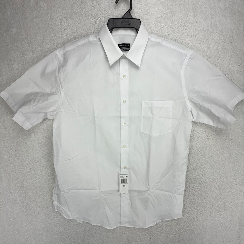 Van Heusen Men White Short Sleeve Regular Fit Wrinkle Free Dress Shirt 16.5 4394